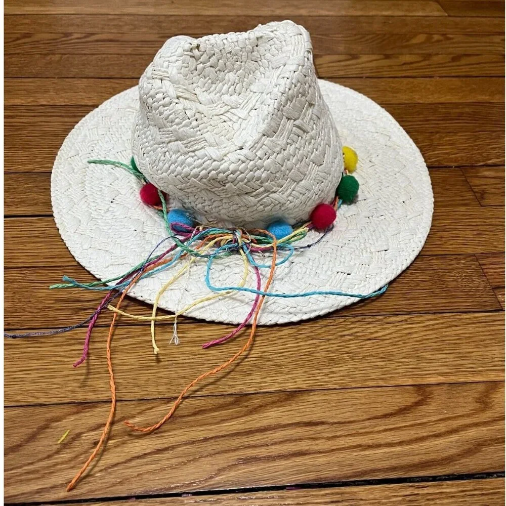 Betsey Johnson Straw Sun Hat Colorful Rainbow Trim One Size Cap Ivory EUC - Picture 1 of 11